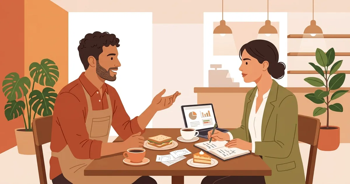 Trabajador independiente hispano almorzando con un cliente en una cafetería mientras revisa documentos de negocio