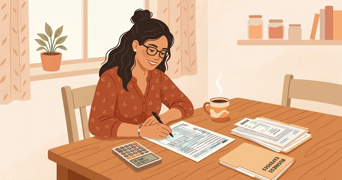 Trabajadora hispana self-employed llenando el formulario 1040-ES del IRS sobre la mesa de su casa