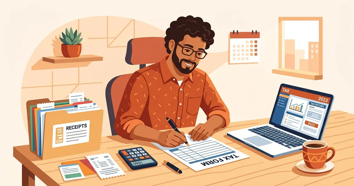 Trabajador independiente hispano llenando el formulario Schedule C del IRS con calculadora y recibos
