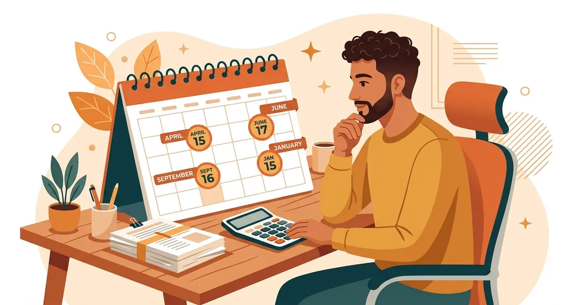 Trabajador independiente hispano revisando un calendario de pagos trimestrales de impuestos