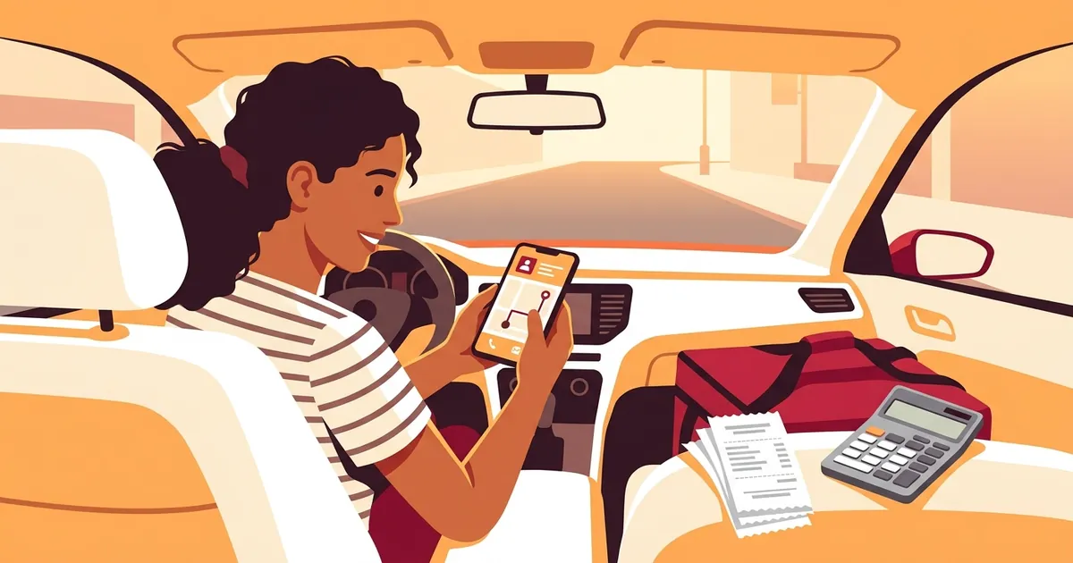 Driver hispano de app de delivery revisando su celular y recibos de gasolina dentro del auto